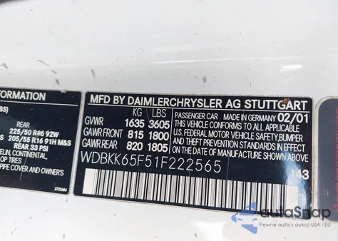 2001 Mercedes-Benz Slk 320 z USA, uszkodzony, nr VIN WDBKK65F51F222565